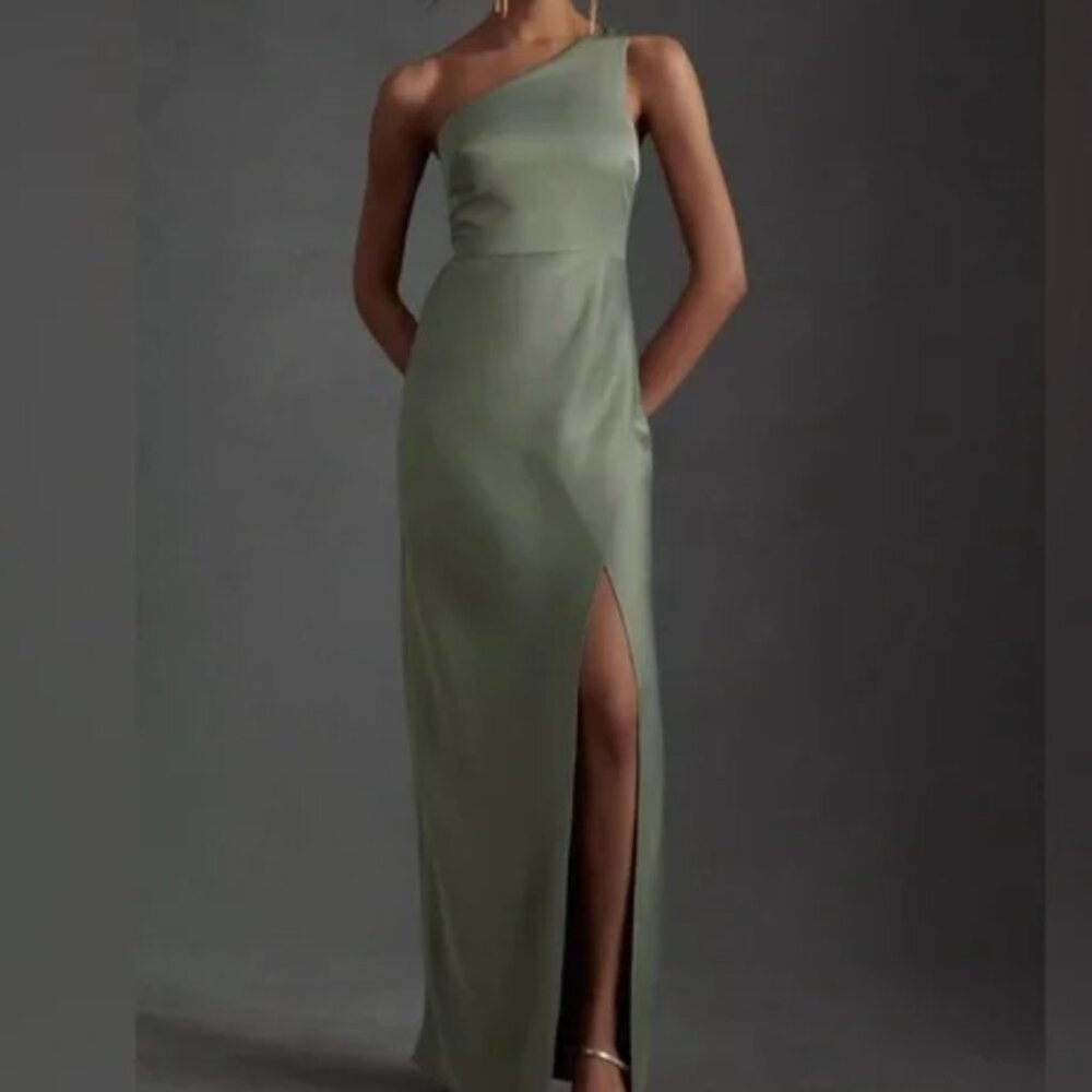BHLDN Dylan One-Shoulder Sage Green Gown